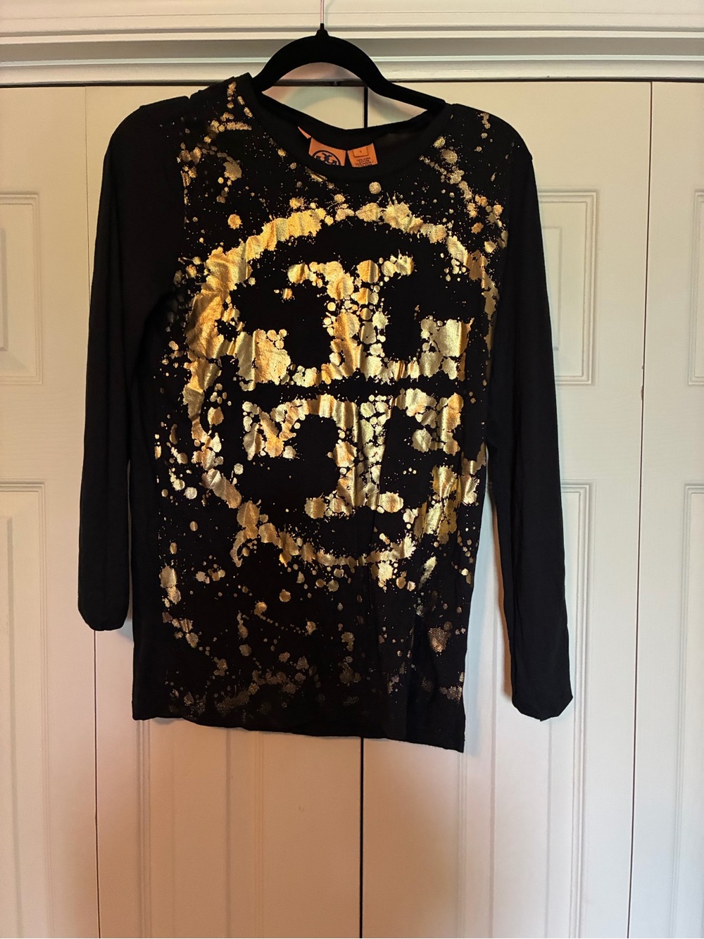 Tory Burch Black Long-Sleeve Tee with Metallic Gold Logo Splash